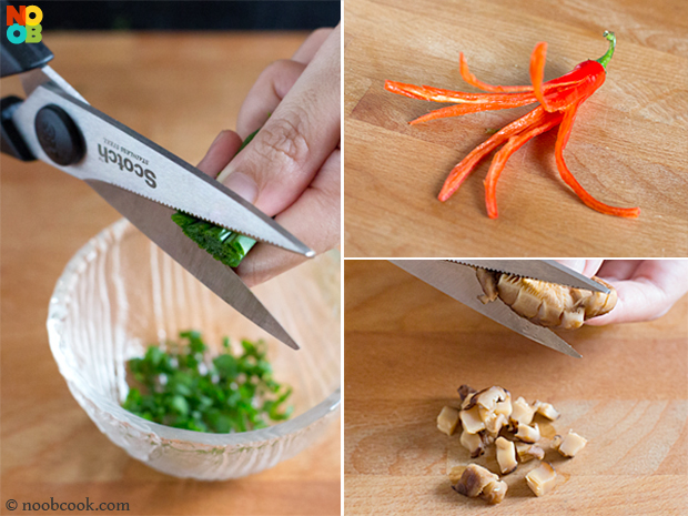 Using kitchen scissors to cut a variety of vegetables