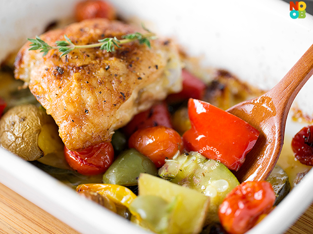 Baked Chicken Thighs on Bed of Vegetables Recipe