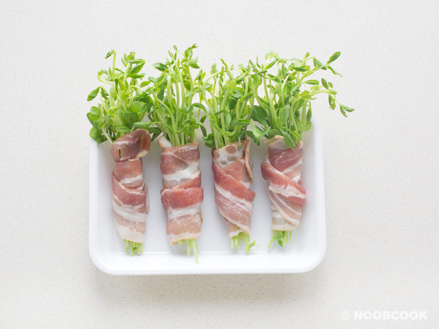 Simmered Bacon Wrapped Pea Shots 